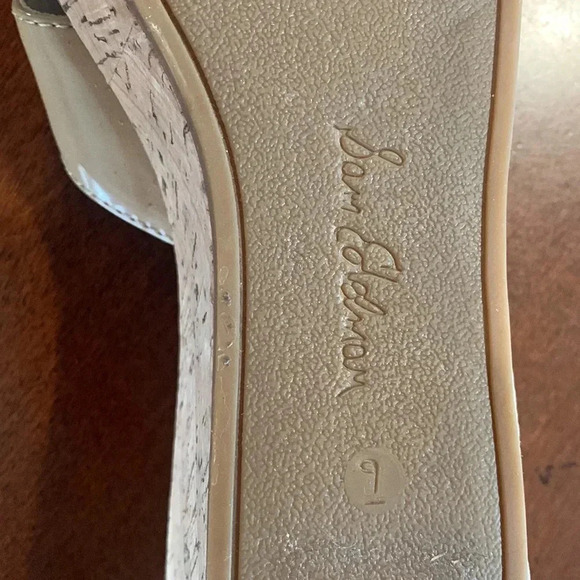 Size 9 Sam Edelman Tan Patent Leather Cork Wedge Platform Sandal - Picture 6 of 6